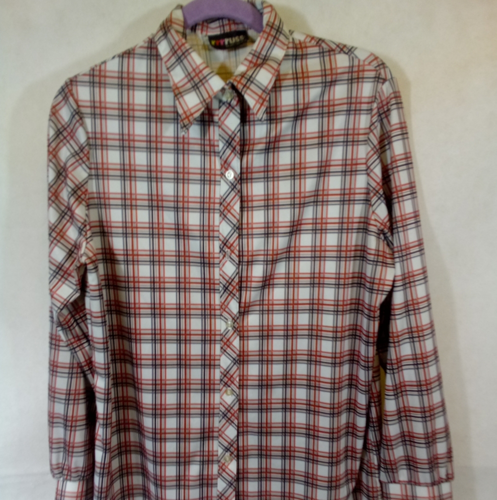Vintage 70's Multi Color Plaid Poly L/S Button Down Shirt L